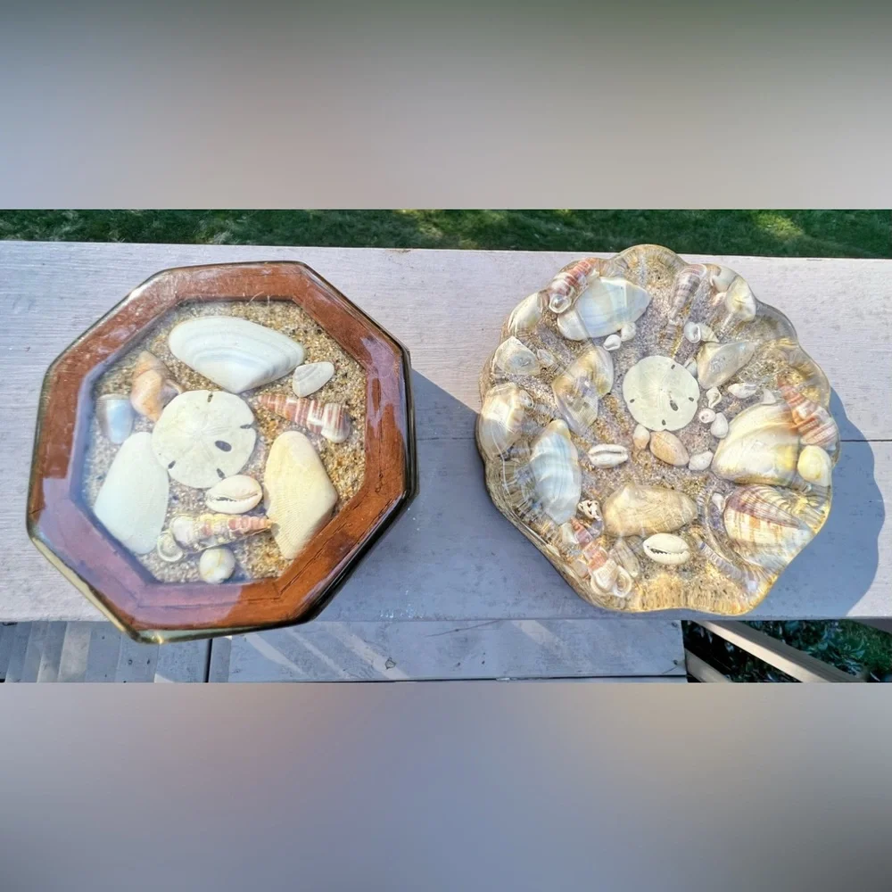 set of 2 Vintage Sea Shell Lucite Soap Dish and trinket box